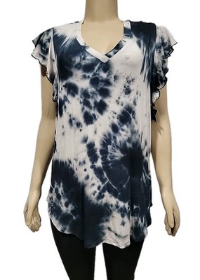 Pixie Lane women s Size L V-neck blue, Gray tie dye tank top Ruffled NWT #C