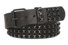 Snap On 1 3/4" Three Row Punk Rock Star Distressed Black Studded Leather Belt...