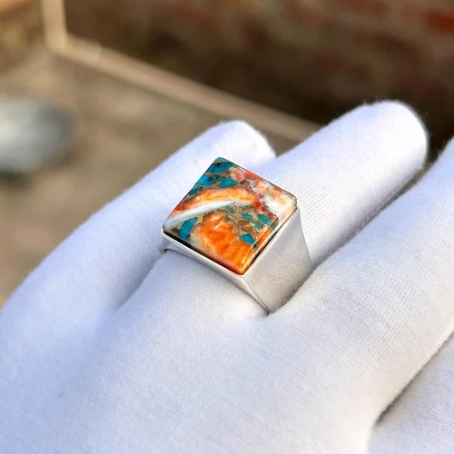 925 Sterling Silver Men’s Oyster Ring with Spiny Turquoise Bohemian Stacking