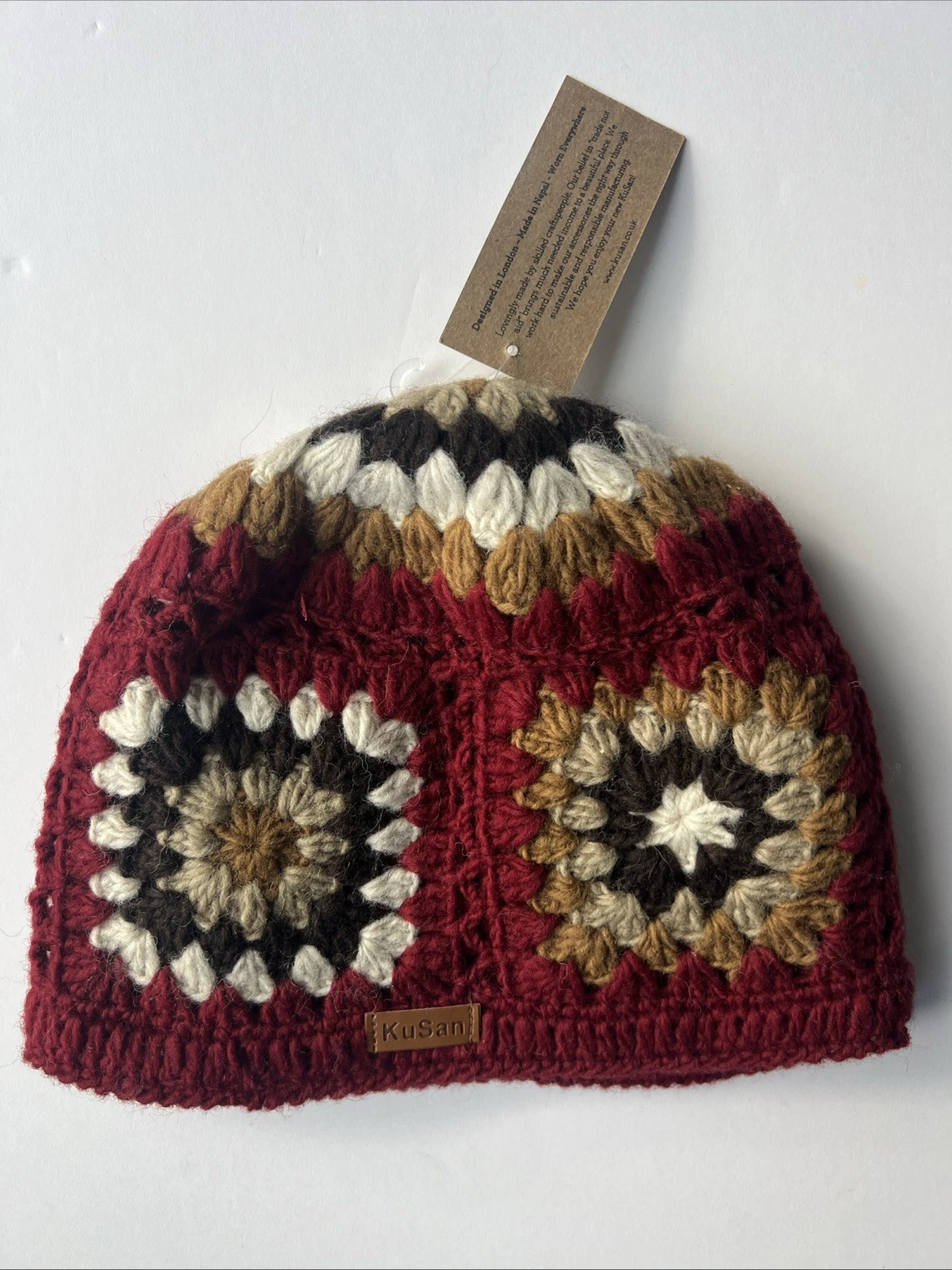 NWT Wool Boho Crotchet Granny Square Beanie Hat KuSan Fleece Lined