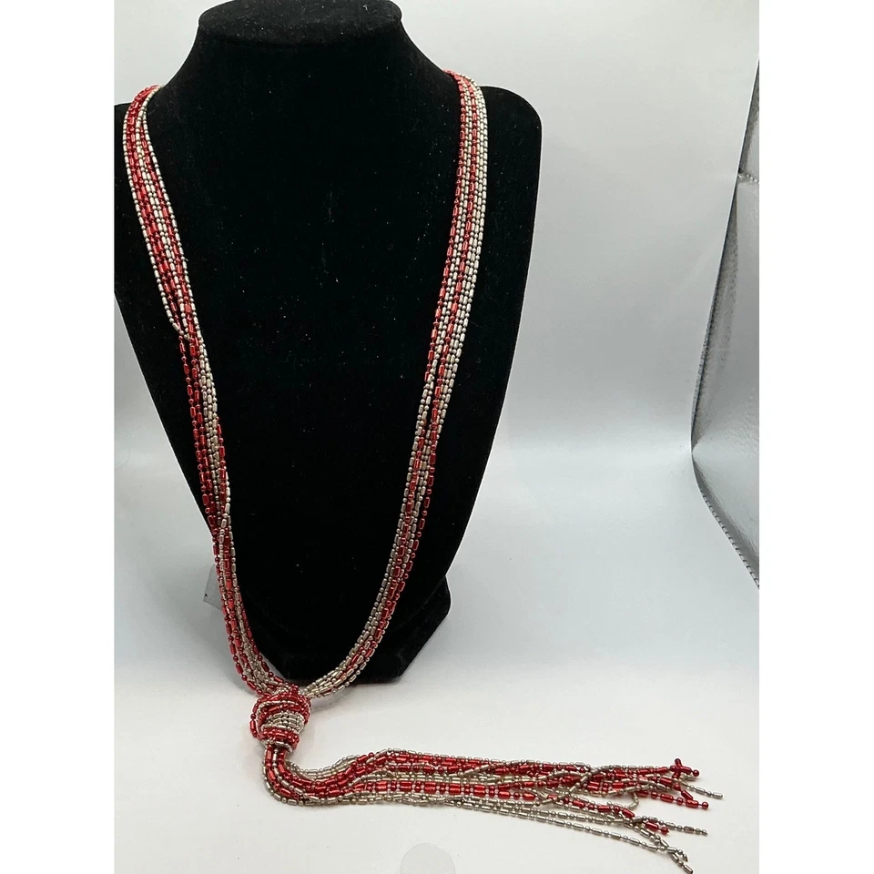3 Chunky Twisted Beaded Necklace Set Silver Black Red Boho Statement - Image 4 of 4