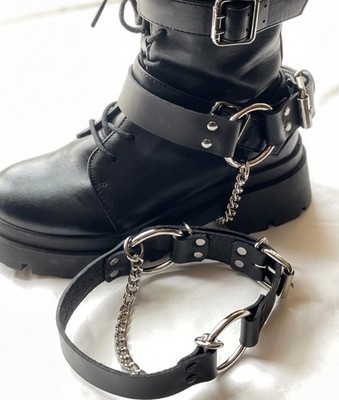 Paar Stiefelriemen-schwarz-silber-Biker-Rock-Gothic-Kettenschnalle Accessoire