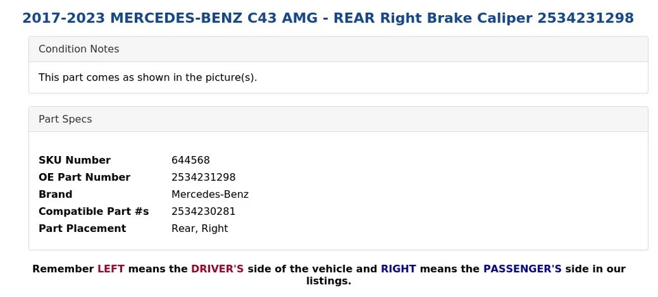 2017-2023 MERCEDES-BENZ C43 AMG - REAR Right Brake Caliper 2534231298 - Image 4 of 4