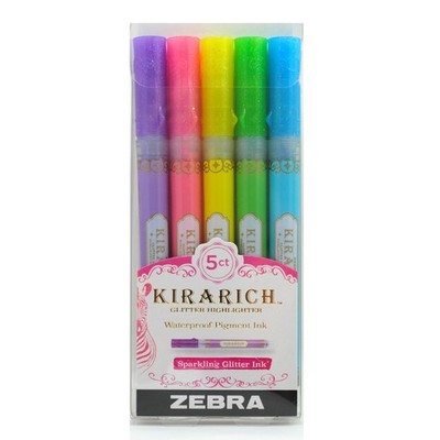 Zebra Pen KIRARICH Glitter Highlighter 5 Assorted Colors Chisel Tip for Broad...