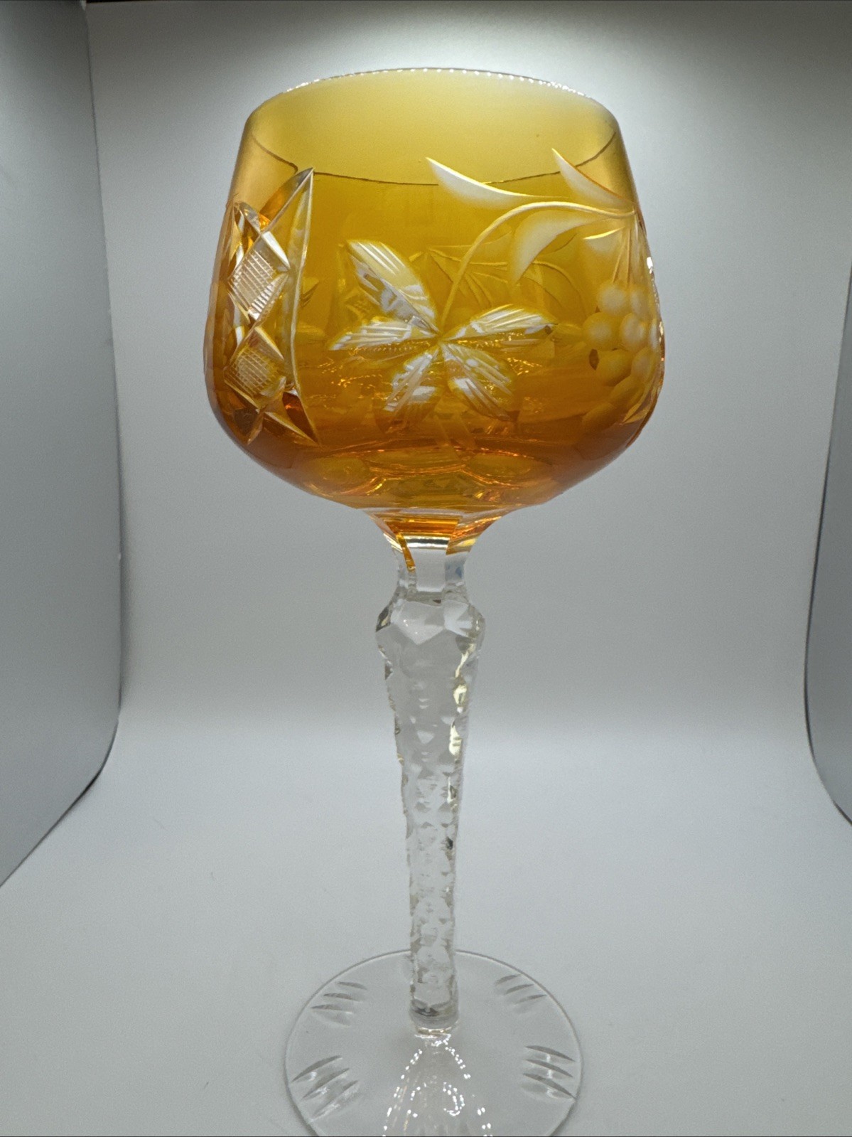 Hortensja Hortensia Amber Cut to Clear Tall Crystal Hock Wine Glass Grape Leaf