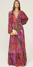 Farm Rio Maxi Dress Sz Small Pink Leopard Animal Print Long Sleeve V Neck Anthro