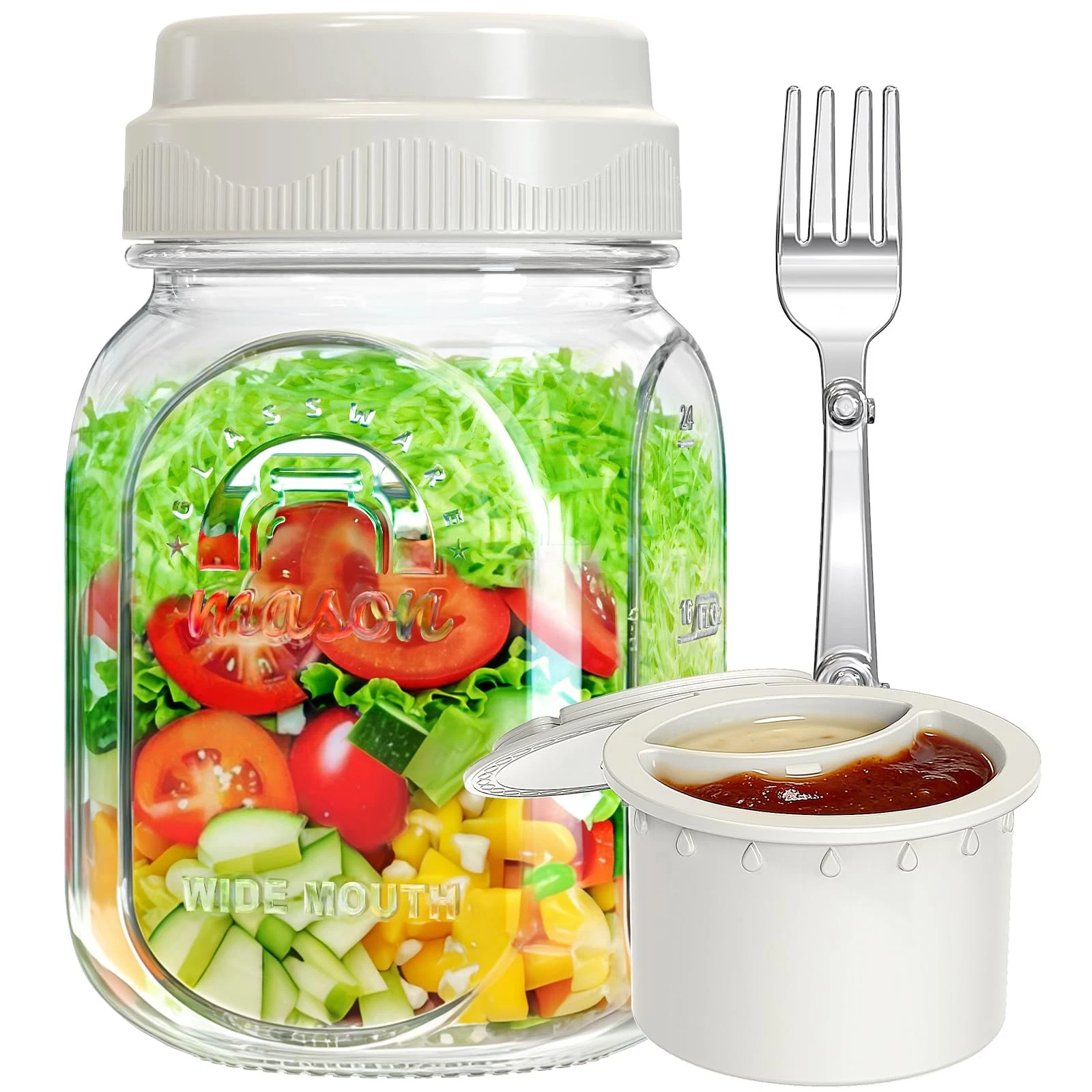 [UPGRADE] 1 Pack Glass Salad Jar with Silicone Divider Container for Meal Pre...