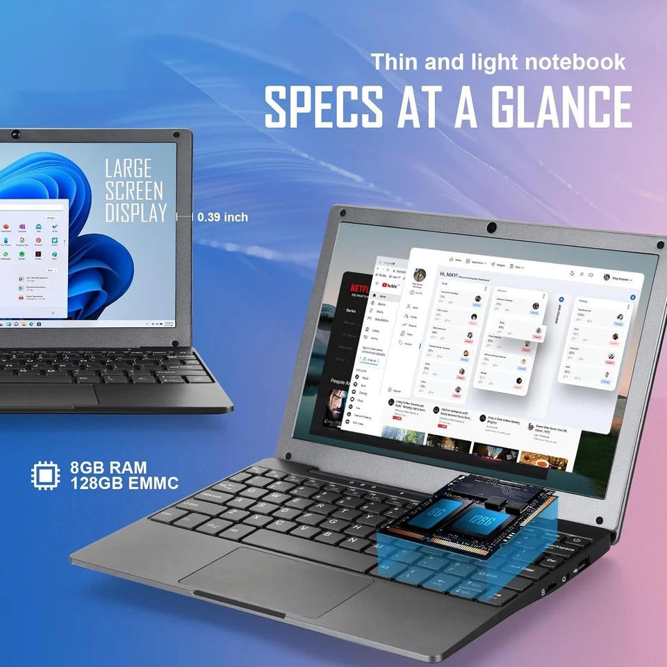 Mini computadora portátil Netbook de 10"" Windows 11 8 GB RAM 128 GB SSD Intel PC Foto 4 de 4