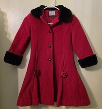 Rothschild Girls Red Wool Princess Style Dress Coat Faux Fur Trim Rosettes Sz 6