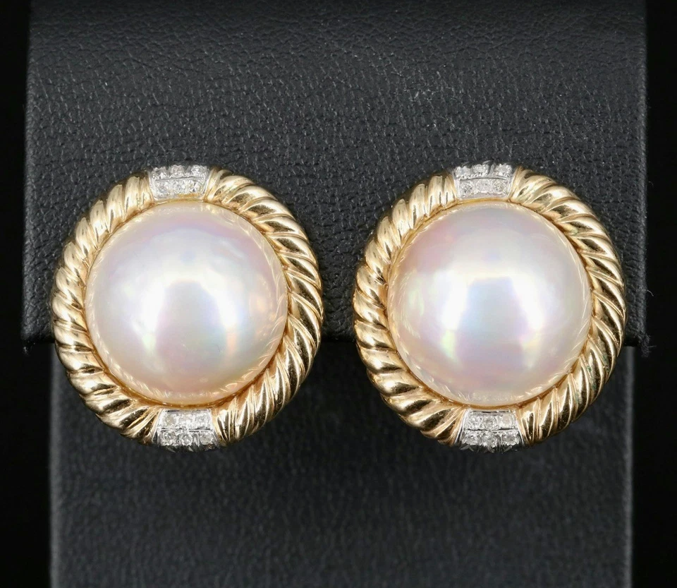 14K Cultured Pearl Button Earrings with Diamonds and Flutted Filigree Edge - Image 3 of 4