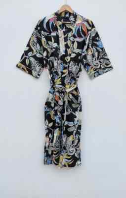 Indian Monkey Printed 100% Cotton Robe Long Kimono Sleepwear Night Kimono Dress
