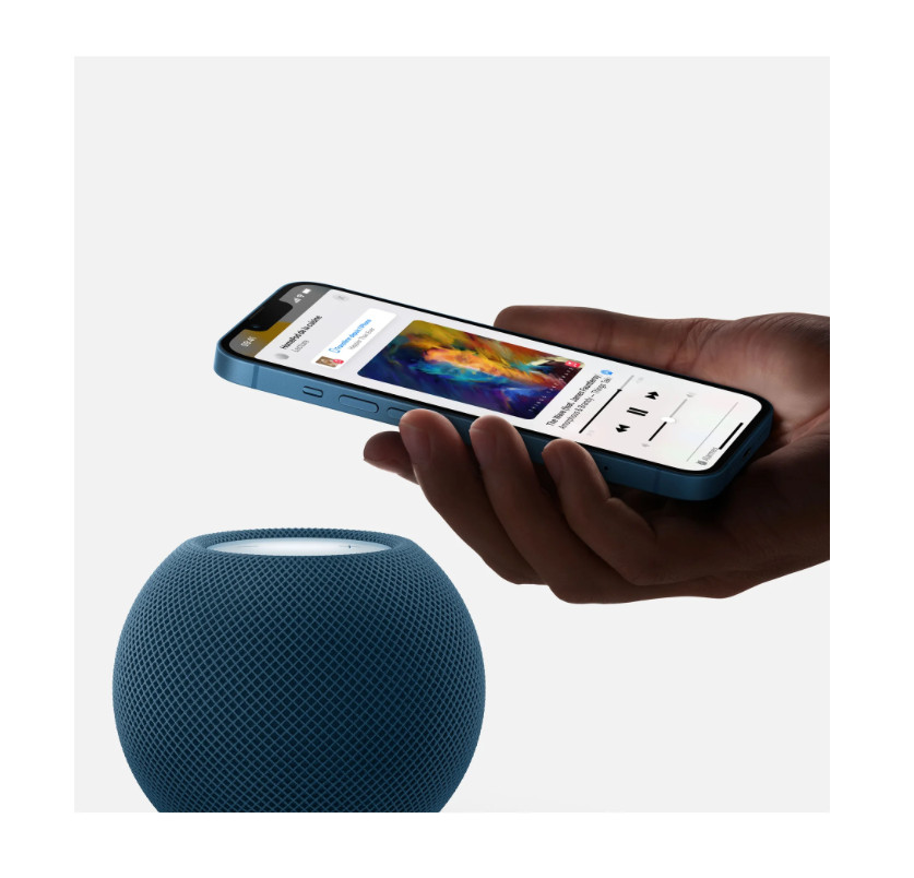 HomePod Mini bleu avec son a 360 degres et assistant Siri integre