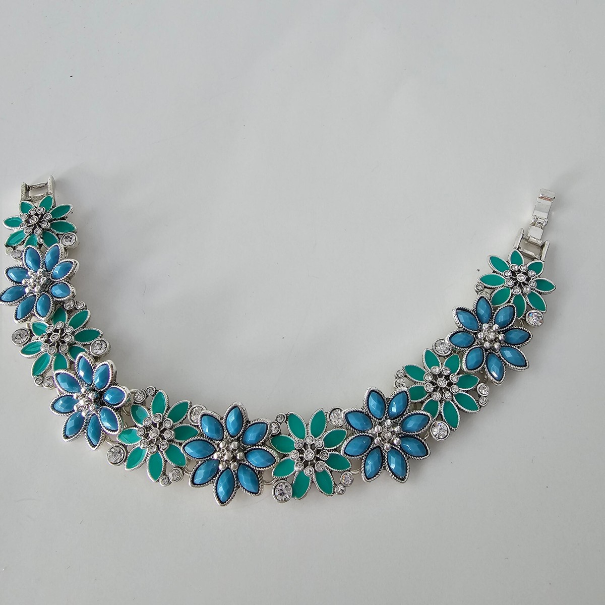 Napier Signed Blue Turquoise Flower Rhinestone Silver