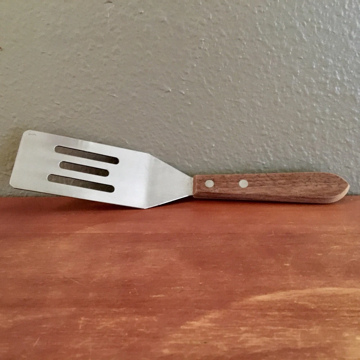 Small Mini Spatula 1.5” X 3” Plate. 8” Long. STAINLESS STEEL w/ WOODEN  Handle