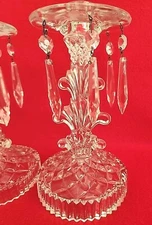 Indiana Glass  8.5" Candlestick  Holders Antique 1920's Bobeche & 6 Prisms  Set2