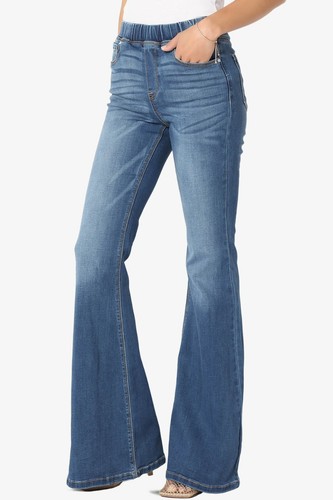 TheMogan Elastic Waist High Rise Full Length Stretch Denim Flare Leg Jeans - Picture 23 of 26