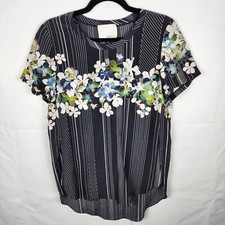 3.1 Phillip Lim Silk Floral Pinstripe Top Navy Blue White Size 4 Short Sleeve