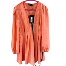 PrettyLittleThing Peach Mini Dress Women's 10 Puff Sleeve Cottagecore Coquette