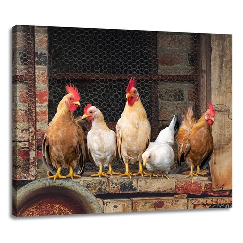 Farmhouse Chicken Wall Art Canvas, Rustic Decor with Hens, 15" x 12"