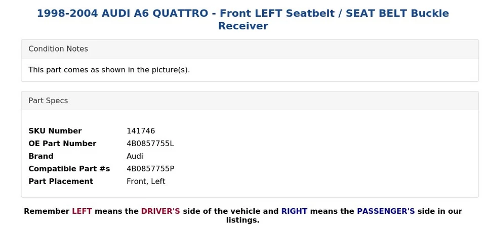 1998-2004 AUDI A6 QUATTRO - передний левый ремень безопасности / ремень безопасности пряжка приемник - Изображение 3 из 4