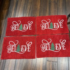 Set of 4 Festive Christmas Holiday Placemats Tree Chenille Holly Red Green