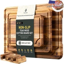 Teak Wood Cutting Board Set Non Slip Durable Kitchen Chopping Boards 3 Pack New