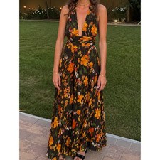 ASOS DESIGN Floral Halter Maxi Dress Black Gold Metallic Shimmer Open Back US 6