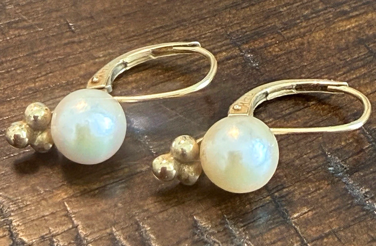 Vintage14K Yellow Gold Leverback Dangle Earrings w/ Round White Pearl Drops 1 in