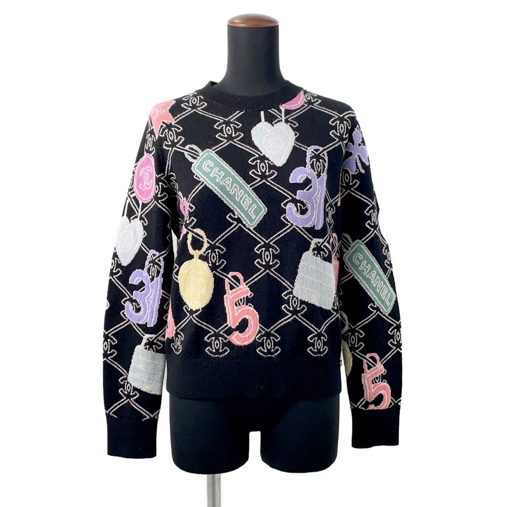 Chanel — CHANEL Logo sweateater Size 36 Cashmere99%/Elastine1% Black/Multicolor P72298