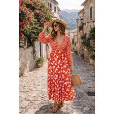 Diane von Furstenberg Target orange white floral v neck maxi dress size XL