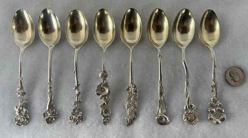 8 Reed & Barton STERLING HARLEQUIN Demitasse Spoons Floral Roses Hollyhocks etc
