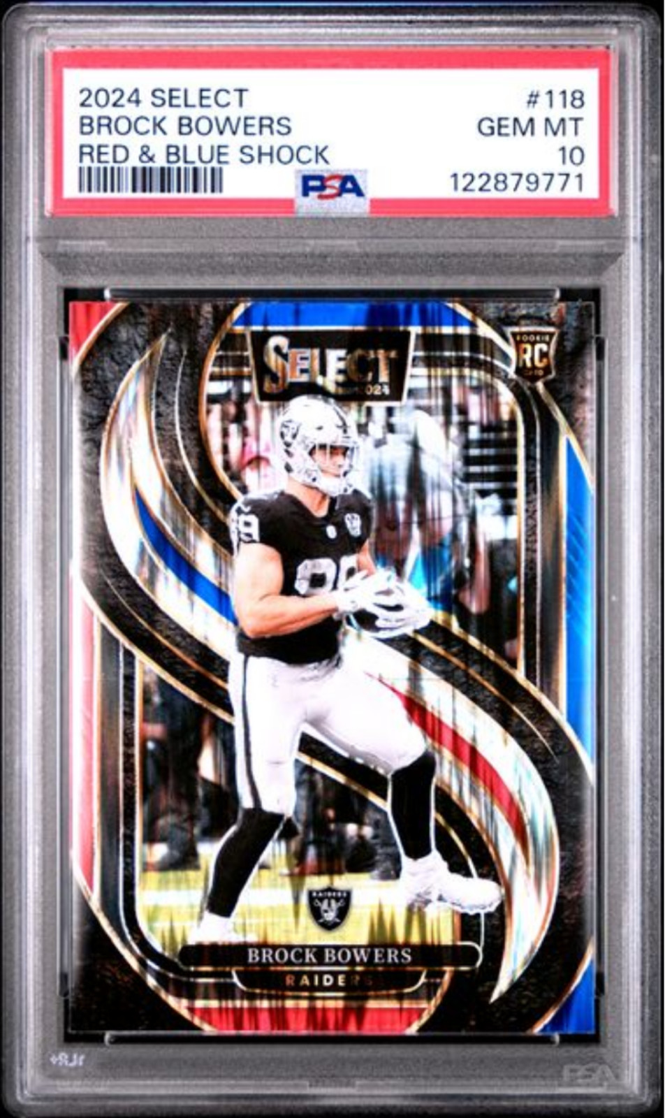 Graded 2024 Panini Select Brock Bowers #118 Red & Blue Shock Rookie Card PSA 10