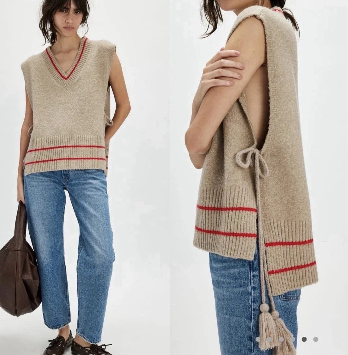 Free People All Star Stripe Poncho Sweater Tan/Red/Neutral OS One Size Festival