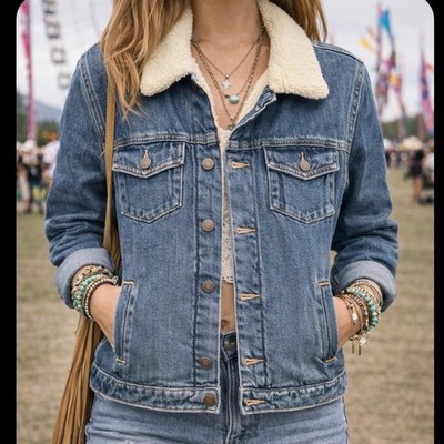 Tna Aritzia Womens XXS Sherpa Lined Denim Trucker Jacket  Medium Wash Zip Cuff