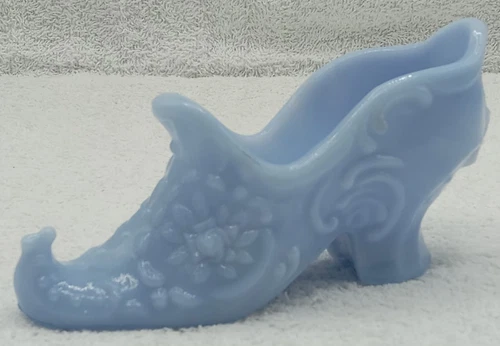 Fenton Style Blue Milk Glass Daisy and Button Colonial Slipper Shoe Trinket Dish