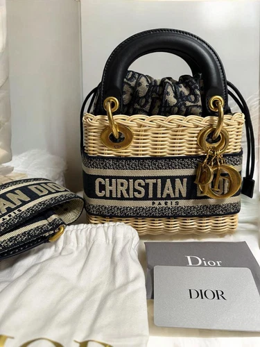 Sac Lady Dior osier naturel et bleu Dior oblique jacquard authentique