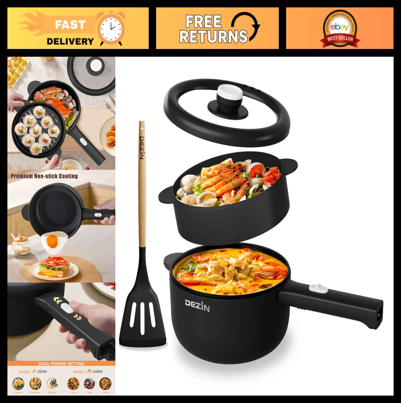 2L Electric Non-Stick Cooker - Mini Sauté Pan for Noodles, Steak, Rice & Soup