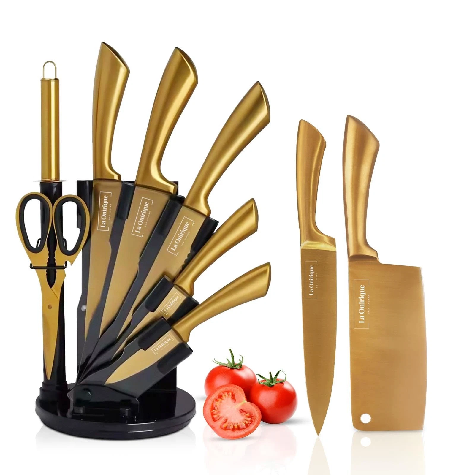 Luxury Black & Gold Kitchen Set with Block & Rod Sharpener – 8-Piece Titanium...
Opens in a new wind