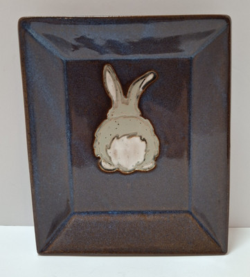 Vintage Art Pottery Picture/Tray Gray Bunny Backside w/ Blue & Brown Frame Color