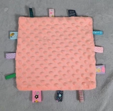 Insular Coral Minky Dots Velour Ribbon Tags Security Blanket Lovey 9x9.5"