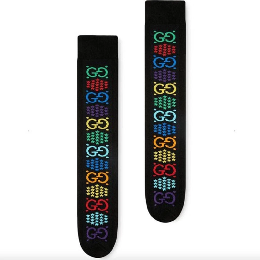 Chaussettes longues étoile arc en ciel logo Gucci homme en coton noir psychédélique M 604041 9888