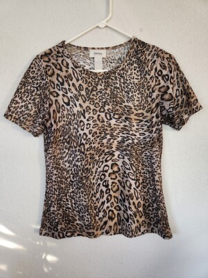 Neiman Marcus Exclusive Short Sleeve Shirt Brown Cheetah Print Womens Small