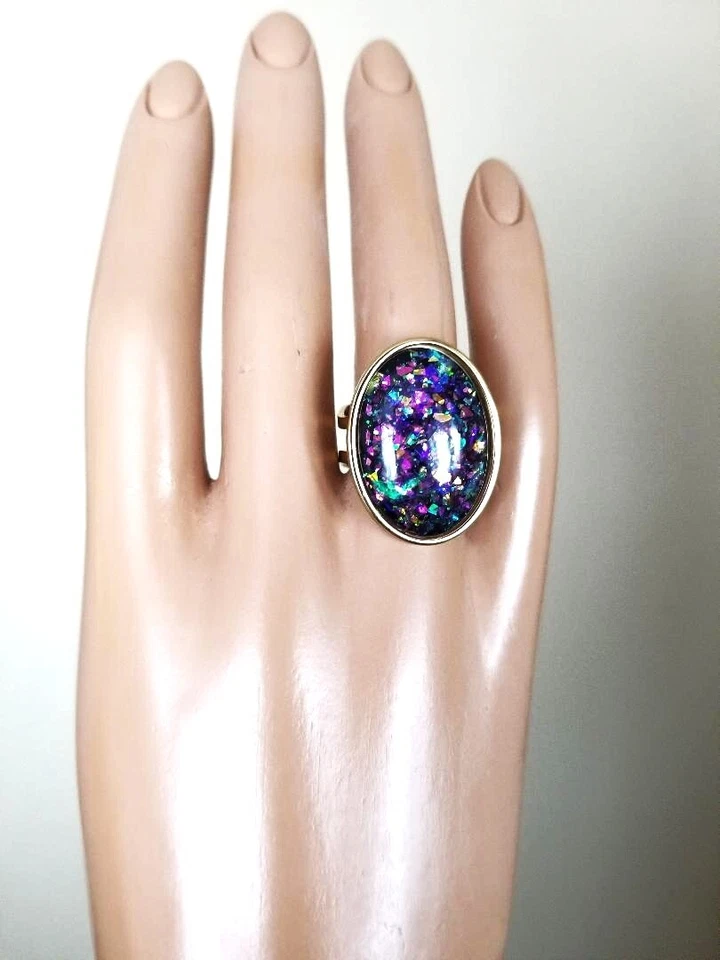 Opal Ring: Purple Fire Resin Opal in 18K GP or Silver-Color Stainless-Steel Band - Image 2 of 4