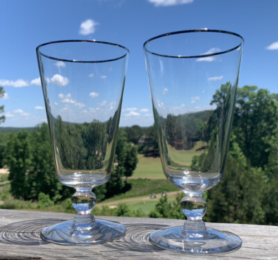 Set Of 2 Vintage Short Stem Water Goblets Silver Rimmed 6.5  Tall 13 Oz