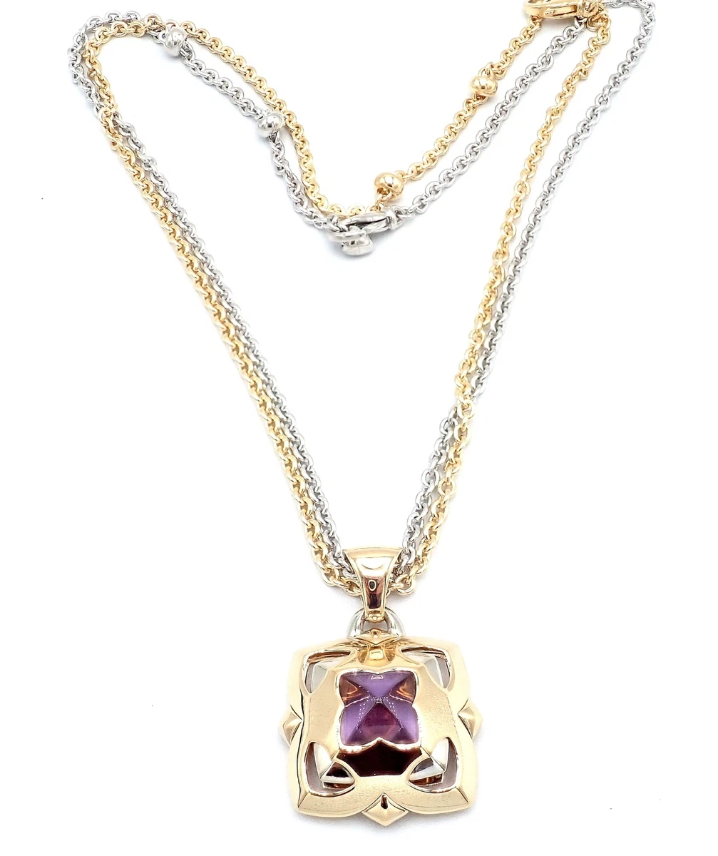 Bvlgari Bulgari Pyramid 18k Yellow White Gold Amethyst Pendant 2 Chains Necklace