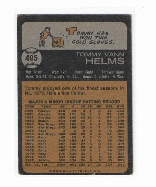 TOMMY HELMS 1973 TOPPS baseball card 495 Houston Astros eBay
