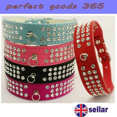 Dog Collar Suede Leather 3 Row Rhinestones Pet Crystals Diamante Bling Diamonds