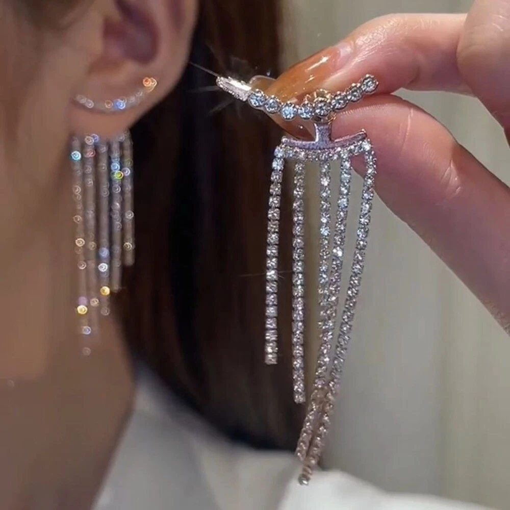 925 Silver Crystal Tassel Earrings Zircon Ear Stud Long Earrings
