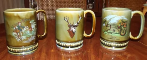 3 Vintage Wade Pottery Irish Porcelain Coffee Mugs Buck, Jaunting Car, Fishing