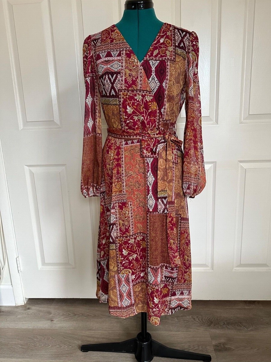 Boho style faux wrap dress, patchwork pattern figure flattering good  condition